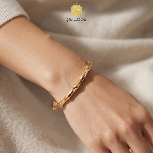Stunning Stainless Steel Bone Cuff Bracelet - Stunning Stainless Steel Bone Cuff BraceletJewelryGlow With NazGlow With NazB0057B0057Detail shot showcasing the tarnish-free gold bracelet design with a subtle diamond accent.