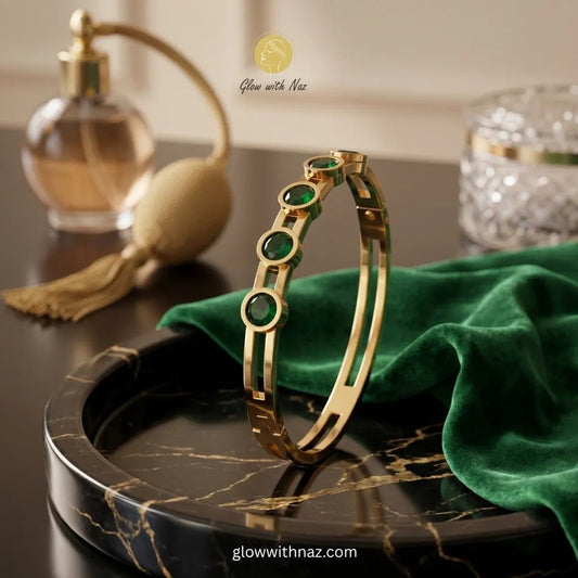 Waterproof Green Stone Gold Bangle Bracelet - Waterproof Green Stone Gold Bangle BraceletJewelryGlow With NazGlow With NazN-B020N-B020Emerald green stone bangle bracelet in 18k gold plated steel