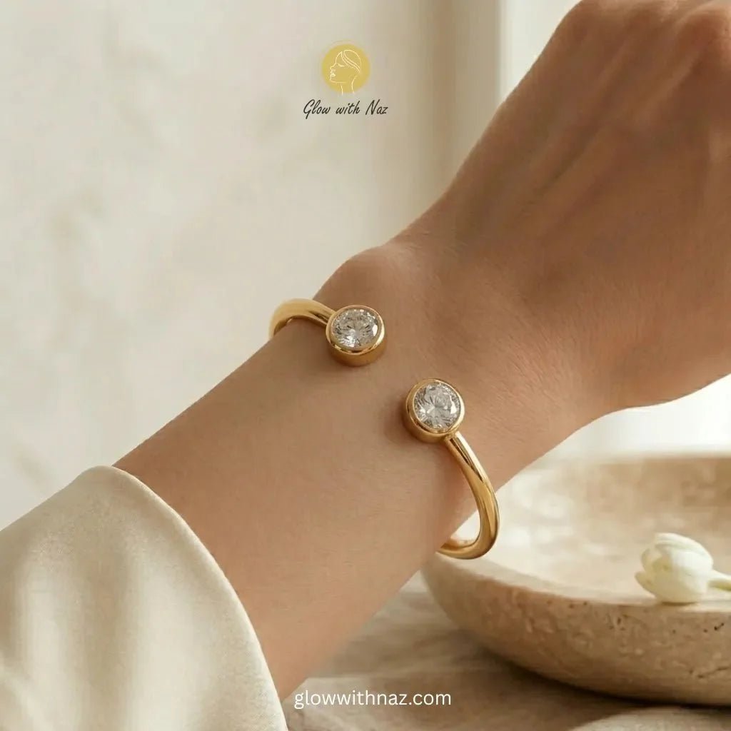 Gold Laam Bracelet Zircon Open Cuff Bangle - Glow With Naz