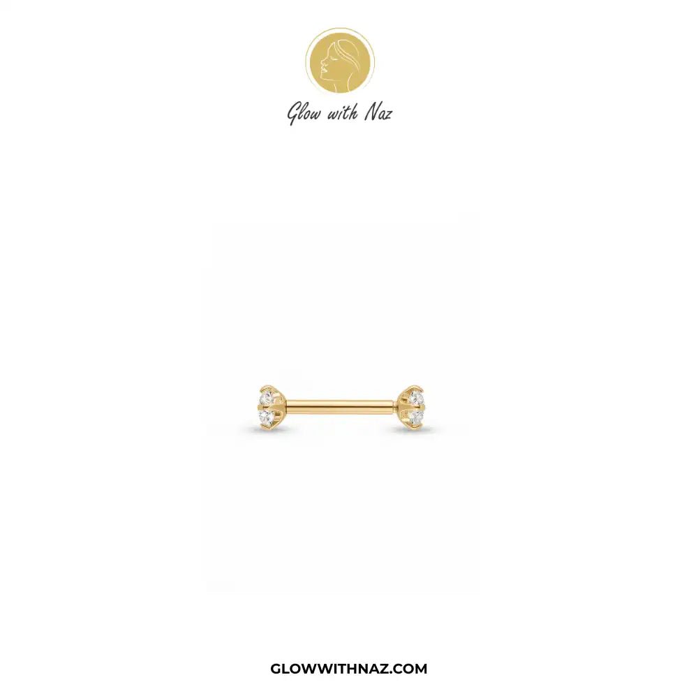 12mm Anti Tarnish Double Diamond Stud Helix Piercing Jewelry - 12mm Anti Tarnish Double Diamond Stud Helix Piercing JewelryJewelryGlow With NazGlow With NazE051A gold barbell stud piercing with two clear gemstones, shown on a plain white background with the brand name Glow with Naz at the top. helix piercing, cartilage earring, double diamond stud, stainless steel jewelry, body jewelry, viral trending jewelry, ear stack earrings, cartilage piercing jewelry, minimalist piercing, tragus piercing, 