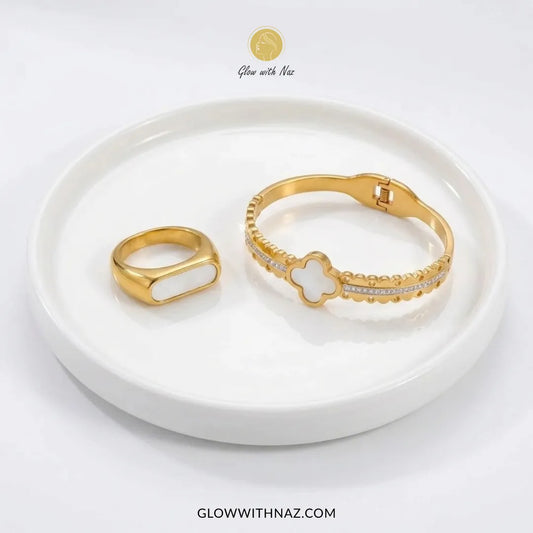 Trending 18K gold plated stainless steel white ring and white clover cuff bracelet set for women – Glow With Naz