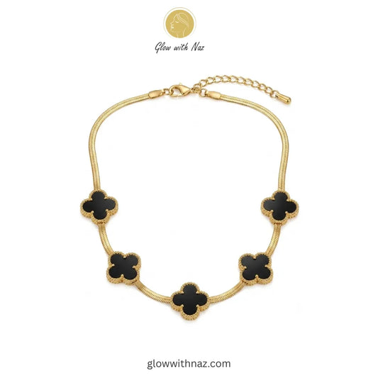 18K Gold Snake Chain Necklace Five-Motif Black Enamel