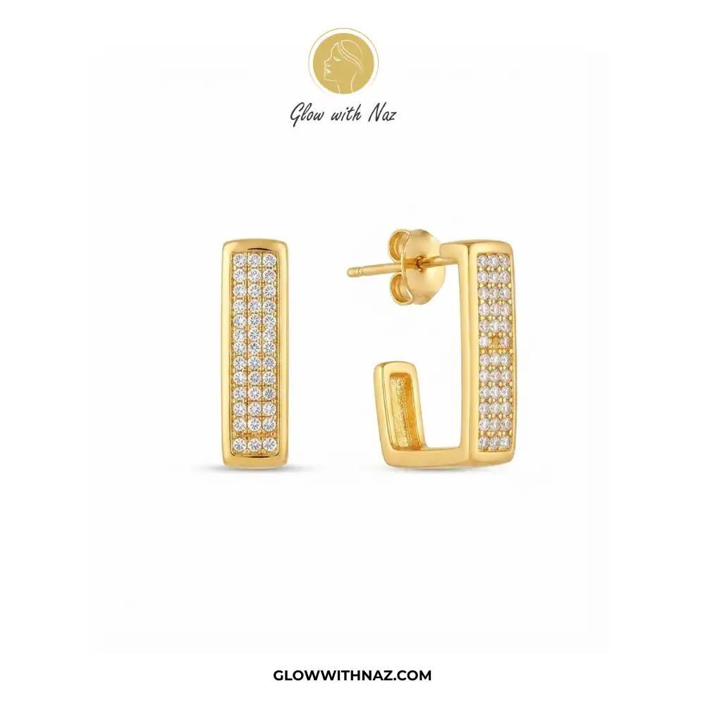 18K Gold Plated Diamond Square Geometric Statement Earrings - 18K Gold Plated Diamond Square Geometric Statement EarringsJewelryGlow With NazGlow With NazE053Golden Square Earring featuring diamond details against a clean white background by Glow With Naz