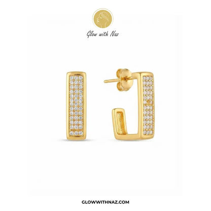 18K Gold Plated Diamond Square Geometric Statement Earrings - 18K Gold Plated Diamond Square Geometric Statement EarringsJewelryGlow With NazGlow With NazE053Golden Square Earring featuring diamond details against a clean white background by Glow With Naz