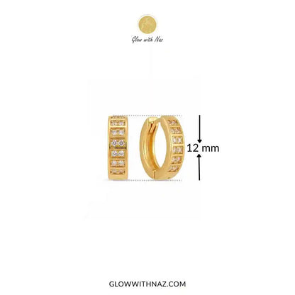 18K Gold Plated Sparkling Small 2-Line Diamond Huggie Earrings for Women - 18K Gold Plated Sparkling Small 2-Line Diamond Huggie Earrings for WomenJewelryGlow With NazGlow With NazE060Gold huggie hoop earrings with pavé-set clear stones, shown on a white background with a coin for scale and a 12 mm size marker. Glow with Naz branding is visible.