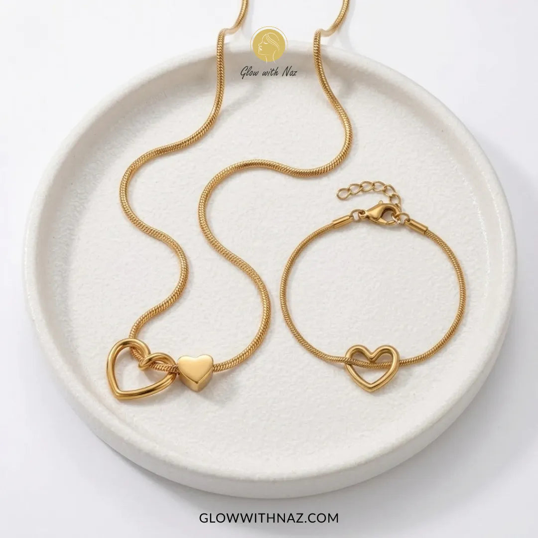 Double heart pendant necklace and gold heart charm bracelet set