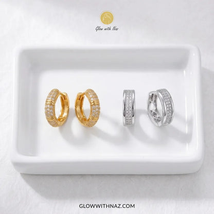 Silver zircon mid-size slide hoop earrings and zircon 3-bar mini hoops set by Glow With Naz