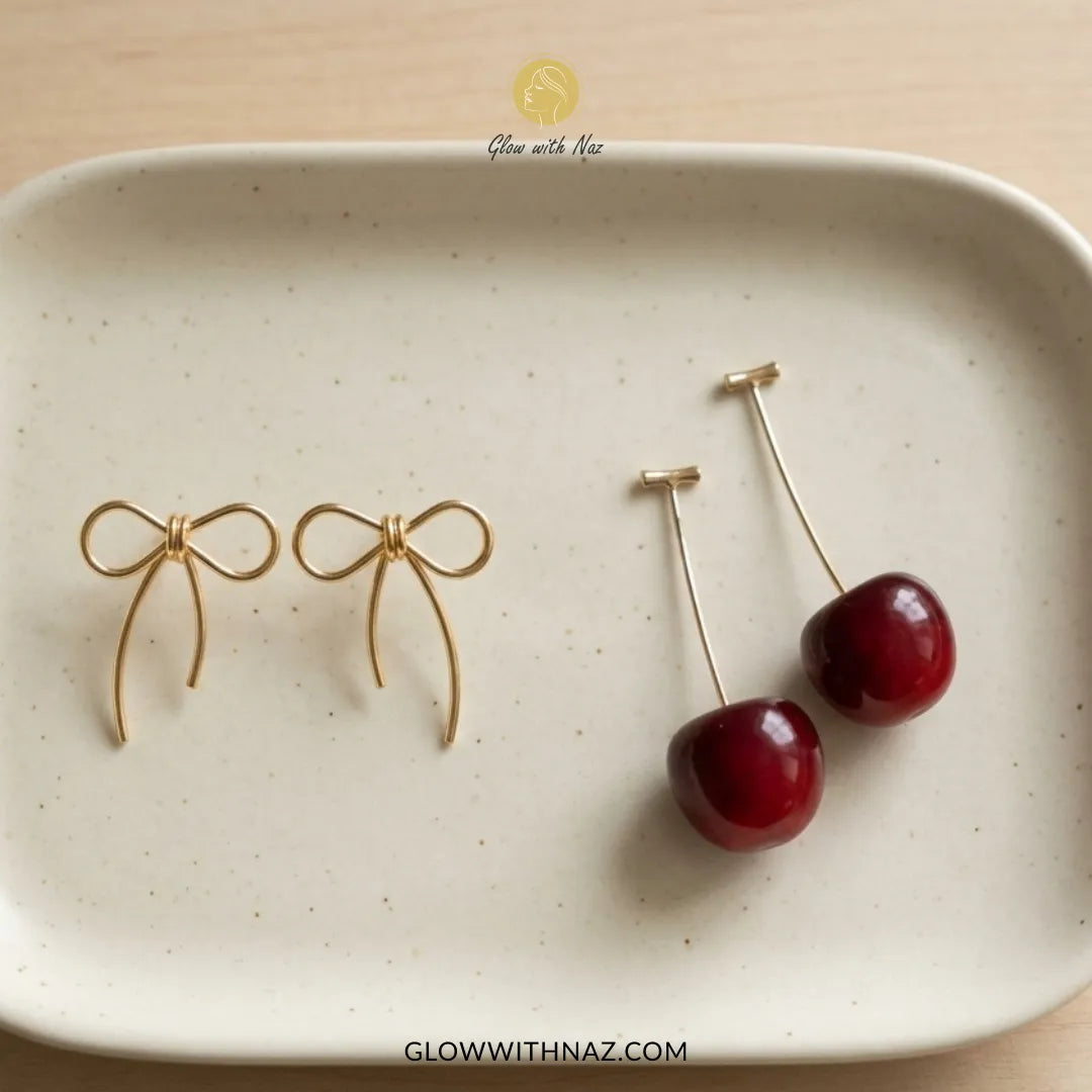 Cherry Drop Bar Earrings & Gold Wire Sculpted Big Bow Stud Earrings Bundle