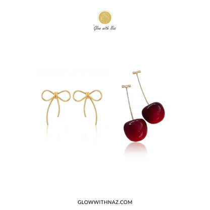 Cherry Drop Bar Earrings & Gold Wire Sculpted Big Bow Stud Earrings Bundle