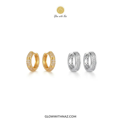 Silver zircon mid-size slide hoop earrings and zircon 3-bar mini hoops set by Glow With Naz