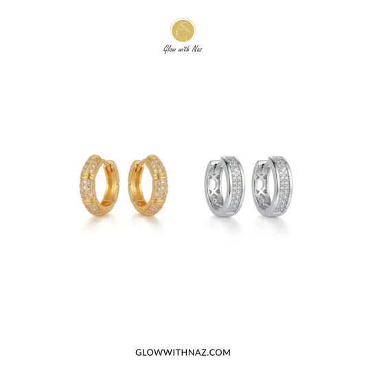 Silver zircon mid-size slide hoop earrings and zircon 3-bar mini hoops set by Glow With Naz