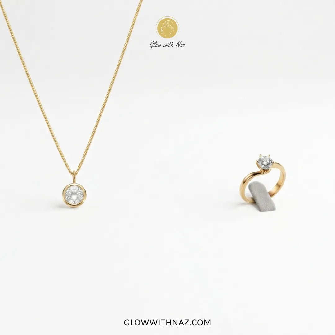 6-grip solitaire diamond ring and anti-tarnish diamond pendant necklace bundle set by Glow With Naz