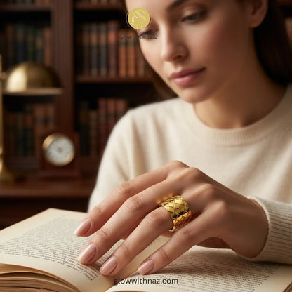 Adjustable Gold Quilted Cuff Ring – Stainless Steel ring