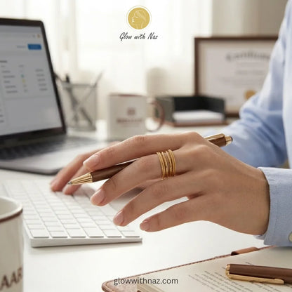 Close-up of a high-polished gold band ring with a multi-layer stacked look, durable stainless steel construction.