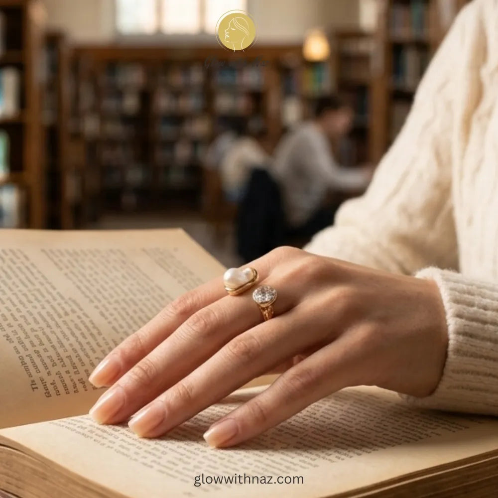 Close-up of a sophisticated open ring with a natural-shaped baroque pearl and brilliant moissanite stone.