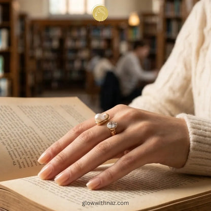 Close-up of a sophisticated open ring with a natural-shaped baroque pearl and brilliant moissanite stone.
