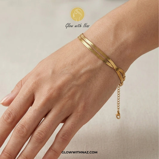 Double-Layered Herringbone Snake Chain Gold-Plated Stainless Steel Bracelet
