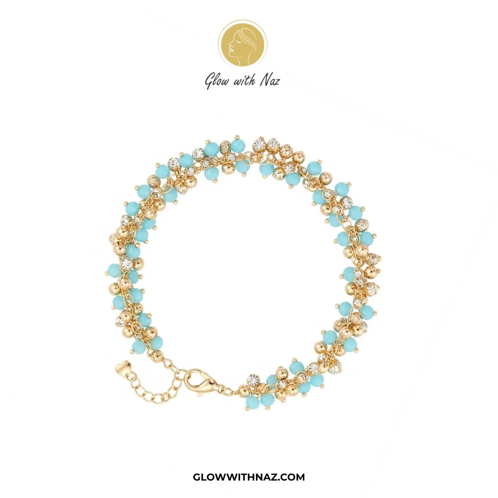Sky Blue Crystal & Bead Cluster Bracelet in Gold