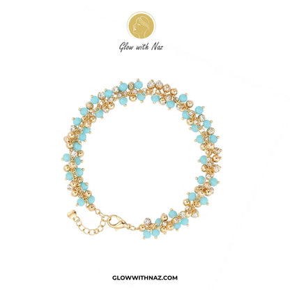 Sky Blue Crystal & Bead Cluster Bracelet in Gold