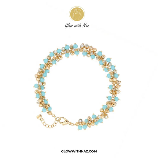Sky Blue Crystal & Bead Cluster Bracelet in Gold