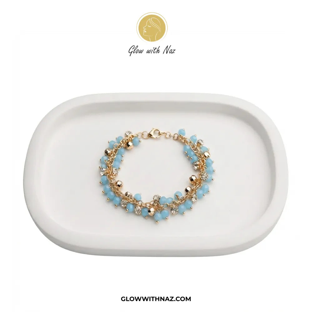 Sky Blue Crystal & Bead Cluster Bracelet in Gold