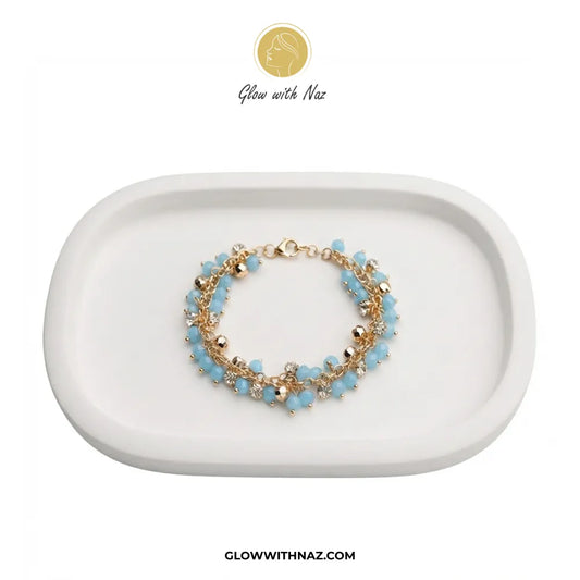 Sky Blue Crystal & Bead Cluster Bracelet in Gold