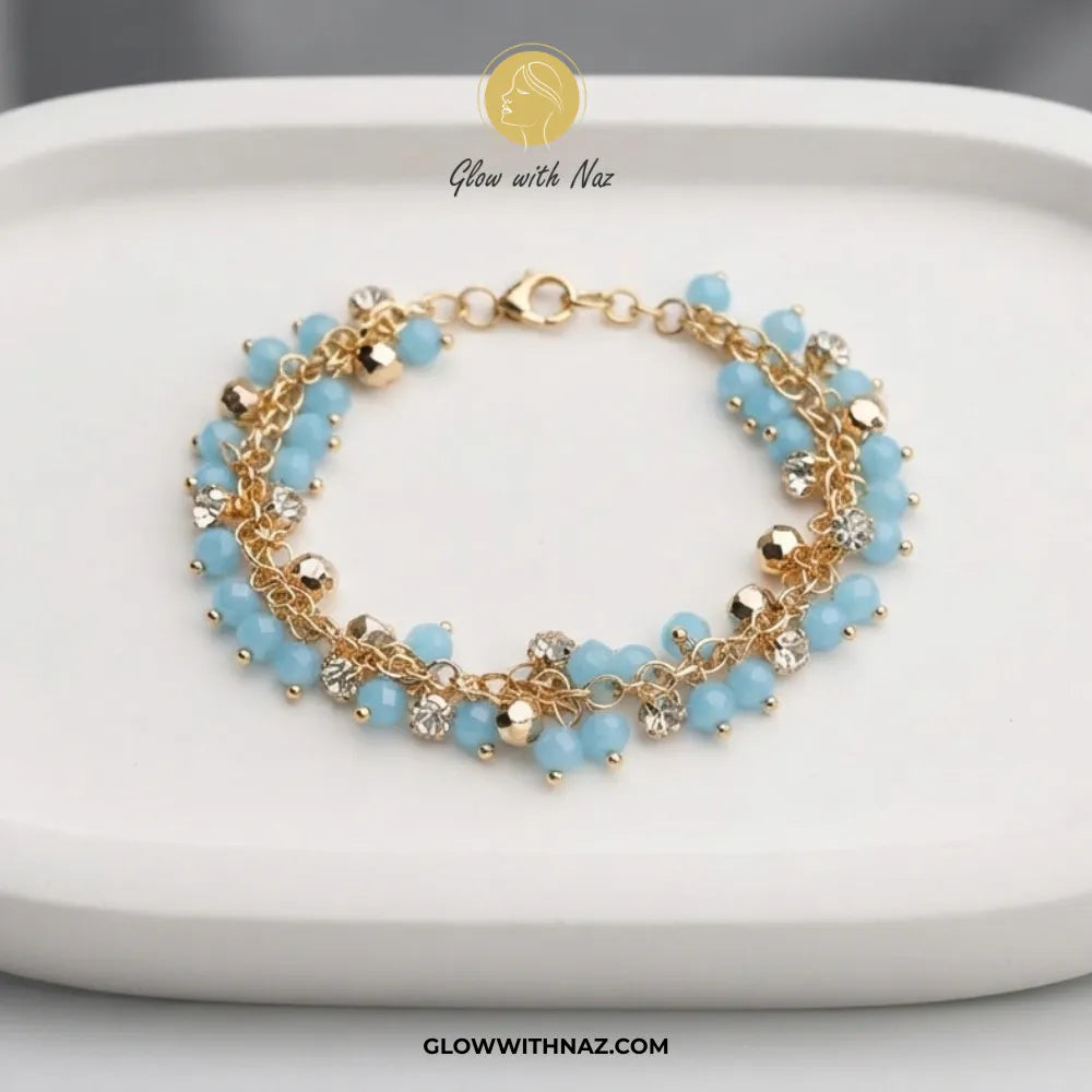 Sky Blue Crystal & Bead Cluster Bracelet in Gold