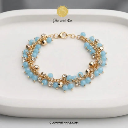 Sky Blue Crystal & Bead Cluster Bracelet in Gold