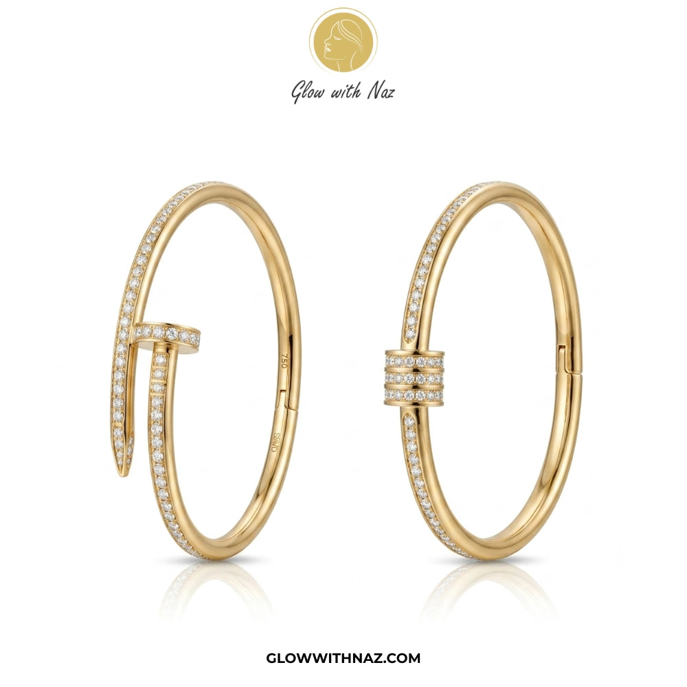 Gold screw bracelet with embedded stones on a white background, branded 'Glow with Naz'.girls bracelet, bracelet for girls, simple bracelet, chain bracelet, bracelet chain, bracelet watch, hand bracelet, black jewellery, bracelet, ring bracelet, aesthetic bracelet, bracelet for women, bracelet set, cartier bracelet, cute bracelet, jewellery bracelet, bracelets, golden bracelet, clover bracelet, infinity bracelet, bangels, handcuffs bracelet, bracelet design, bracelet designs, bracelet design gold, bracelet 