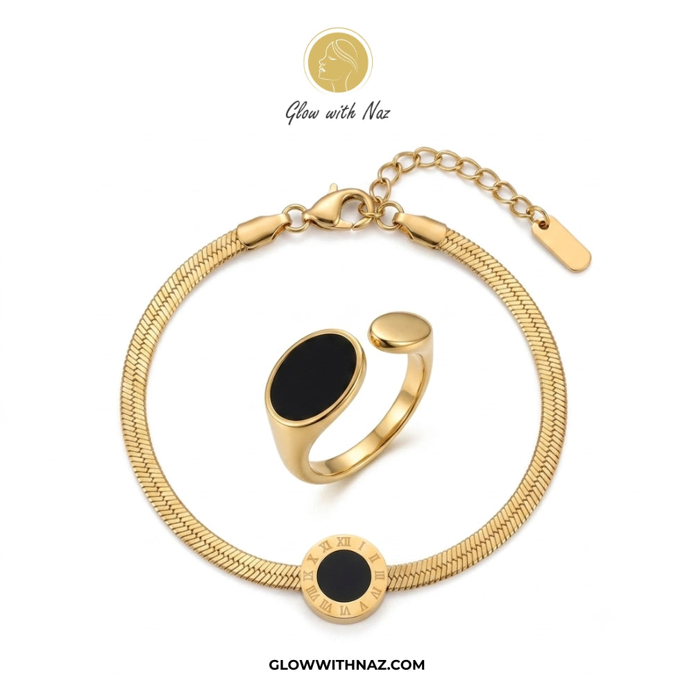 Bundle Offer: Roman Numeral Herringbone Stainless Steel Chain Bracelet & Black Oval Ring