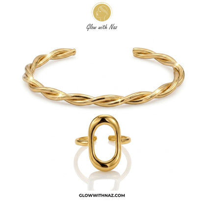 Bundle Offer: Stainless Steel Adjustable Oval Frame Ring & Twisted Gold Cuff Bracelet