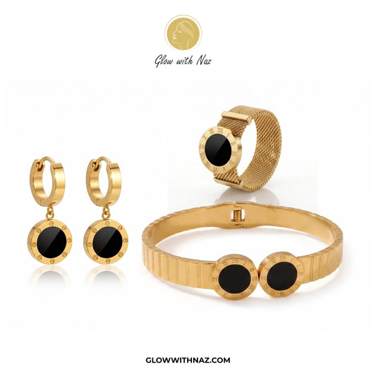 Bundle Offer: Black Dot Gold Roman Numeral Mesh Ring, Hoop Earring & Hand Cuff Bracelet