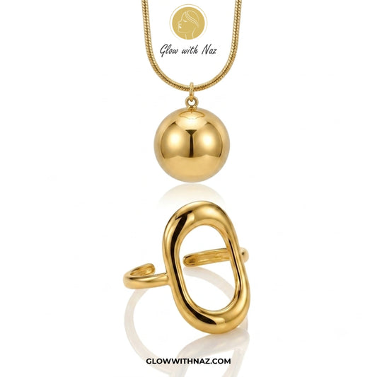 Bundle Offer: Anti-Tarnish Half Sphere Gold-Plated Pendant & Oval Frame Ring