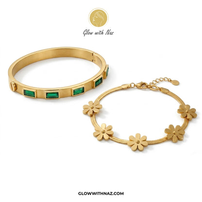 BUNDLE OFFER: Stainless Steel Emerald Green & Daisy Flower Snake Chain Bracelet
