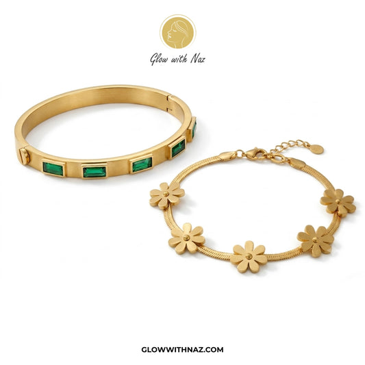 BUNDLE OFFER: Stainless Steel Emerald Green & Daisy Flower Snake Chain Bracelet