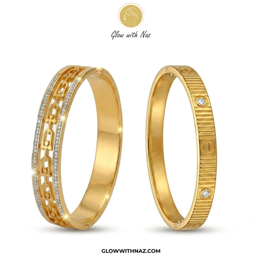 Bundle Offer: Textured Gold Hand Cuff Bracelet & Stainless Steel Hand Cuff Bracelet with Pave Accents