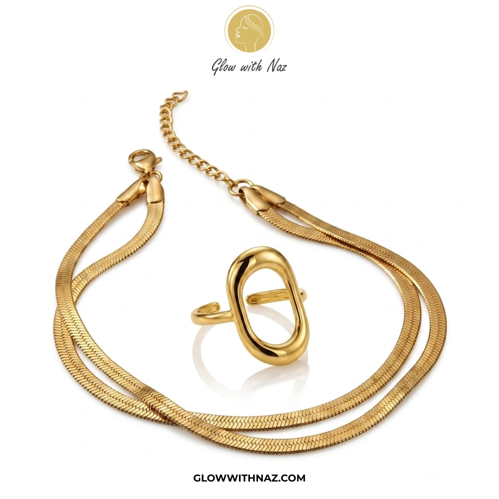Bundle Offer: Double-Layered Herringbone Snake Chain  & Adjustable Oval Frame Ring