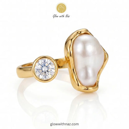 Baroque Pearl and Moissanite Dual-Stone Open Ring in 18K Gold Plating with sculptural wavy bezel setting by Glow with Naz