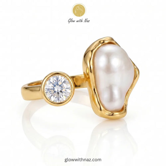 Baroque Pearl and Moissanite Dual-Stone Open Ring in 18K Gold Plating with sculptural wavy bezel setting by Glow with Naz, ring, girls rings, rings for girls, rings simple, simple rings, stainless steel jewelry, jewellery set, aesthetic jewelry, simple jewellery, chain, jewelry, artificial jewellery, green jewellery, girls jewellery, rings for women, black ring, flower jewellery, chain for girls, jewellery for girls, jewellery