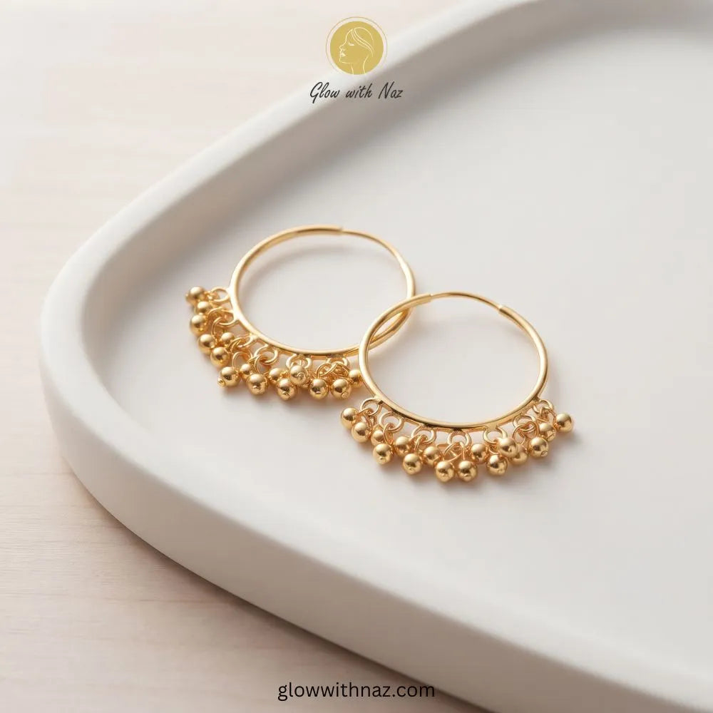 Beaded Gold Ball Drop Big Hoop Earrings