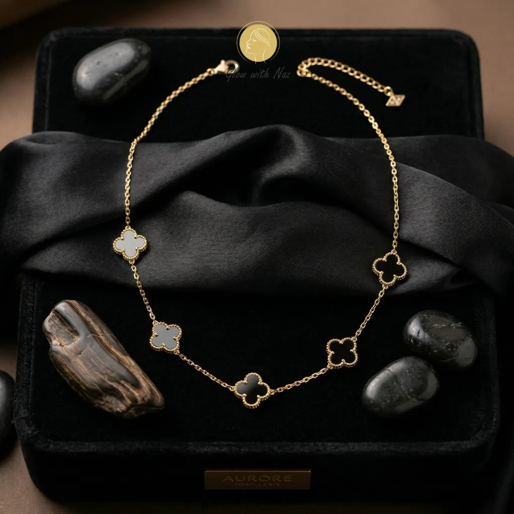 5 Clover Black Stylish Gold Plated Stainless Steel Necklace
