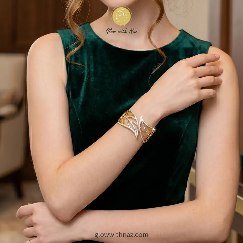 Bold geometric gold cuff styled for a modern luxury look