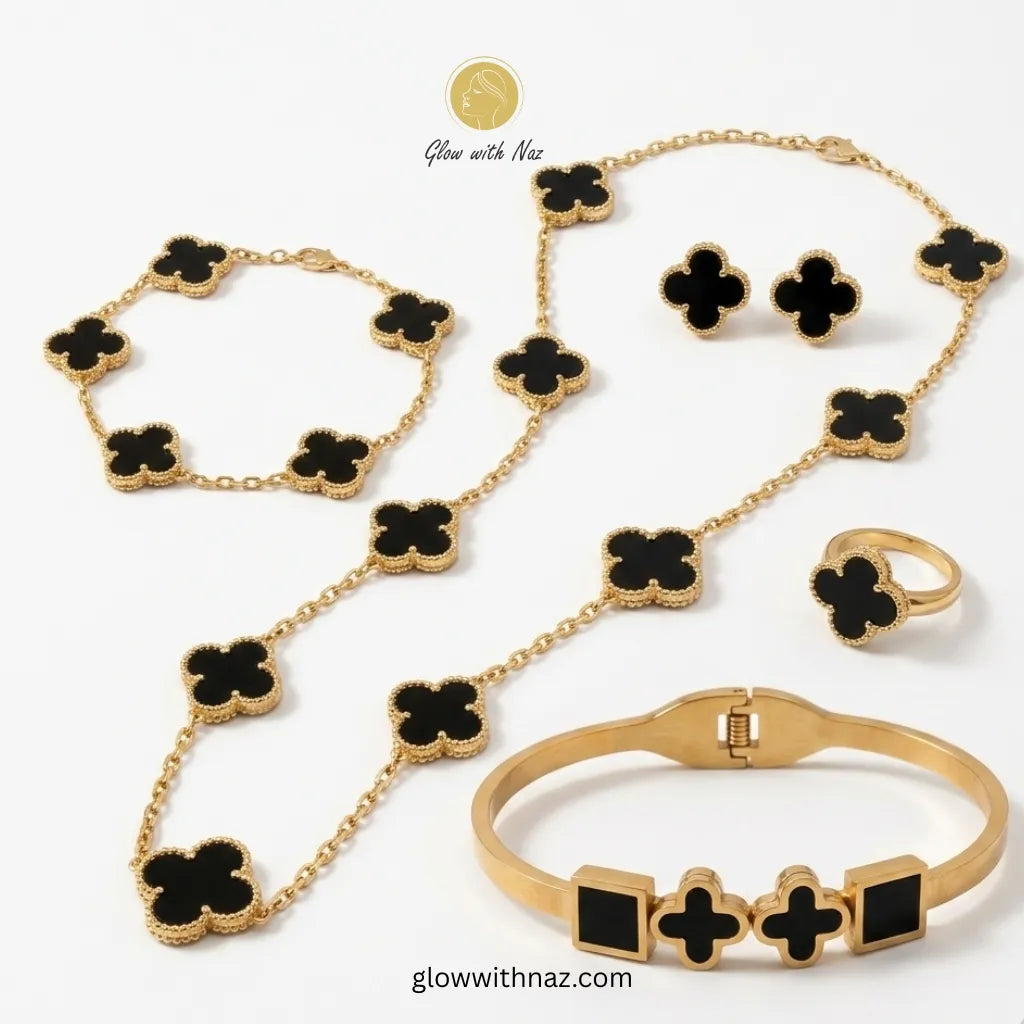 Buy gold black clover 5-piece jewelry set deal online in Pakistan. Necklace, bracelet, bangle, earrings & ring. Anti-tarnish stainless steel