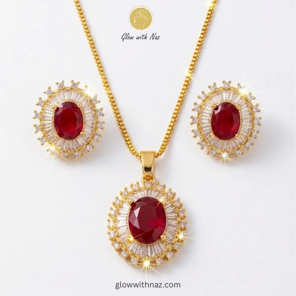 Classic ruby red halo pendant necklace and earring set by Glow with Naz
