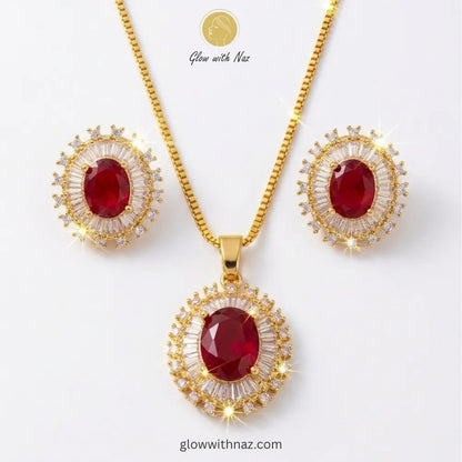 Classic ruby red halo pendant necklace and earring set by Glow with Naz