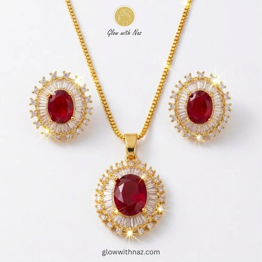 Classic ruby red halo pendant necklace and earring set by Glow with Naz