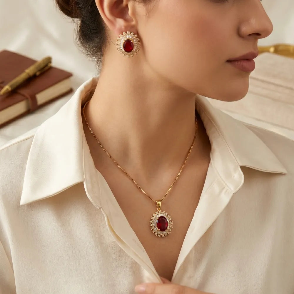 Classic ruby red halo pendant necklace and earring set by Glow with Naz