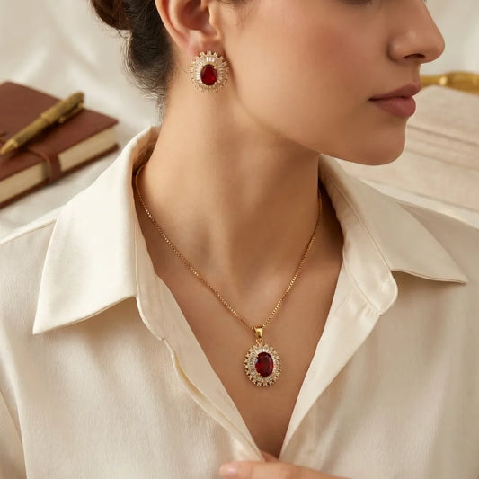 Classic ruby red halo pendant necklace and earring set by Glow with Naz necklace, pendant necklace, necklace set, locket set, simple necklace, pendant set, pendant, chain necklace, diamond pendant, diamond necklace, locket necklace, neck chain, girls locket, heart locket, pendant for girls, necklace for girls, heart necklace, locket for girls, diamond locket, pendant necklace for girls, heart chain locket, stainless steel necklace, double chain necklace, ruby necklace, neck chain for girls, locket design, p