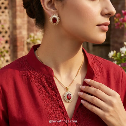 Classic ruby red halo pendant necklace and earring set by Glow with Naz