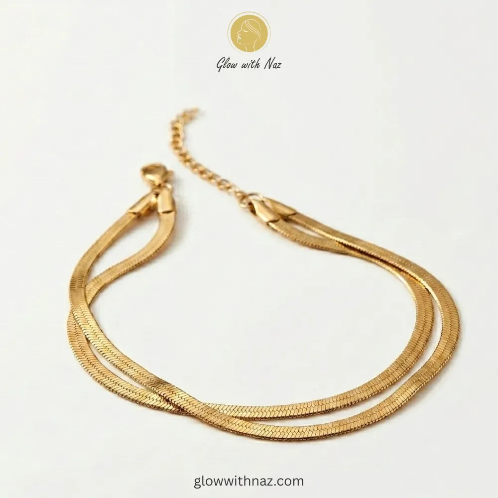 Close-up of herringbone chain texture and clasp detail